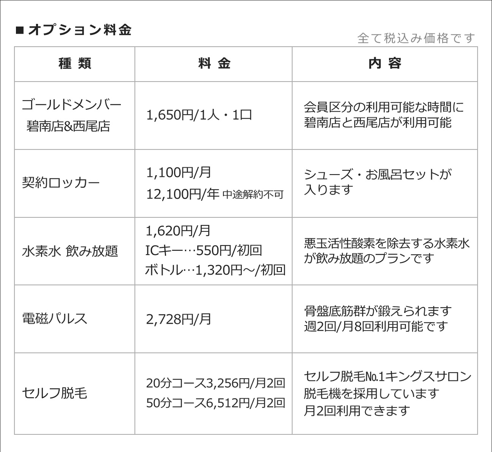 ダイセンスポーツ碧南：オプション料金